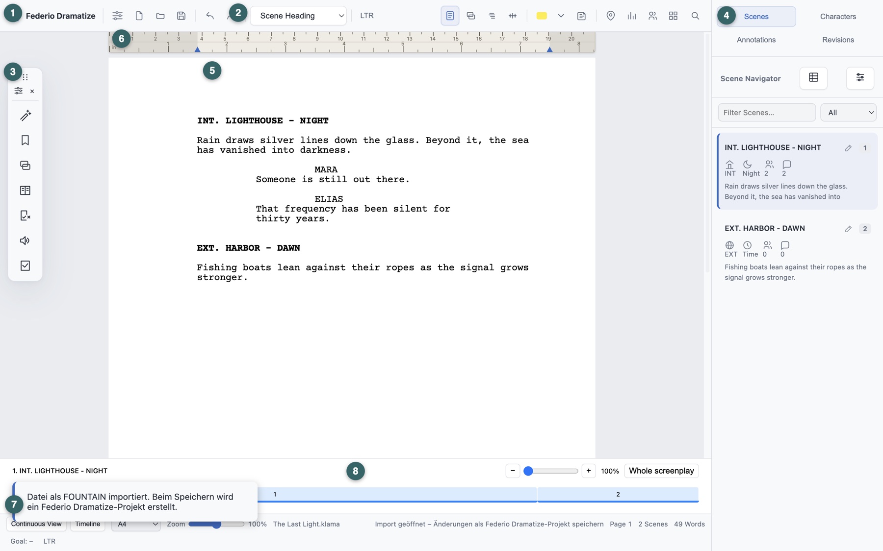 Federio Dramatize showing a screenplay, scene navigator, zoom controls and position timeline