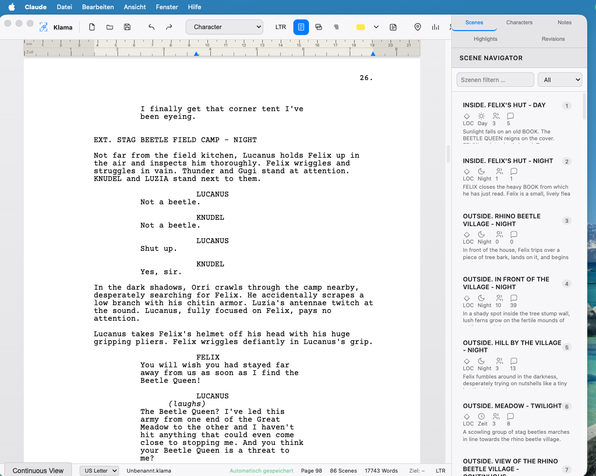 Klama screenplay editor showing an English screenplay and its scene navigator